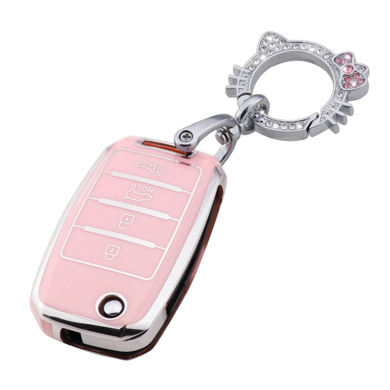 Pangpai Pink Key Fob Cover for Kia Soft TPU Key Case Protection with Bling Keychain Fit for Kia Sedona Rio Optima Soul Sportage Sorento Carens Flip Key - Image 3