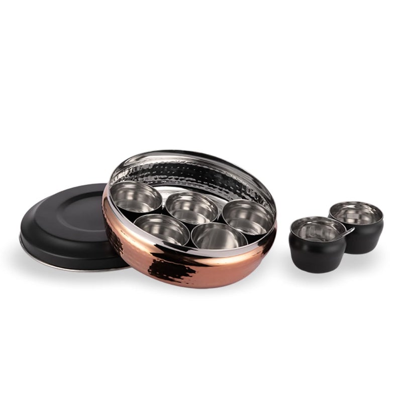 Steelcraft Steelcraft premium Stainless Steel Hammered Round Spice Container/Masala Box with 7 Bowls and 1 Spoon - 1 Unit - Diameter - 20 Cm, Food Grade, Made in India - Image 1