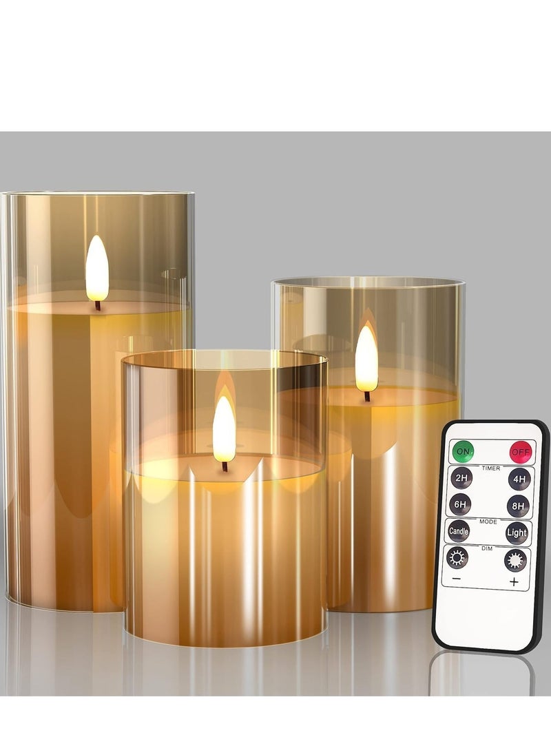 ELTRAZONE Glass LED Flameless Pillar Candles – Real Wax with Flickering Wick, Battery Operated, Remote & Timer | Elegant Gold Finish, Ideal for Home, Wedding & Festival Decor (Pack of 3) - Image 1