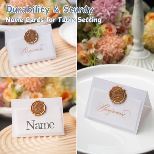 Parvigo 25 Pack Name Cards for Table Setting, Place Cards with Antique Gold Rose Wax Seal Sticker for Wedding, Table Tent Card Stock Handmade Decor for Party, Dinner, Home (Pearlized White) - Image 5