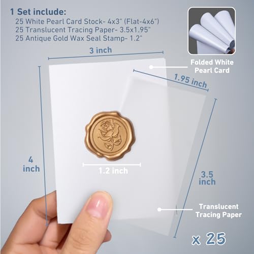 Parvigo 25 Pack Name Cards for Table Setting, Place Cards with Antique Gold Rose Wax Seal Sticker for Wedding, Table Tent Card Stock Handmade Decor for Party, Dinner, Home (Pearlized White) - Image 2