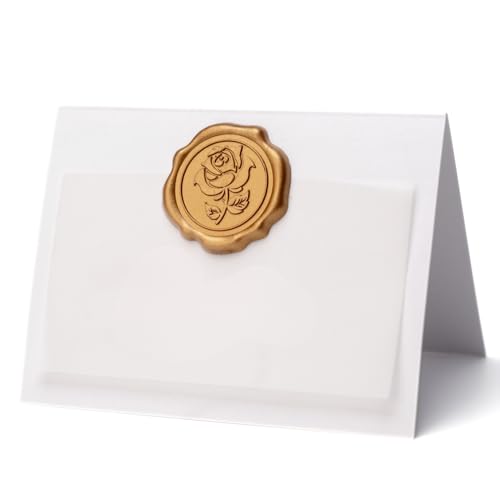 Parvigo 25 Pack Name Cards for Table Setting, Place Cards with Antique Gold Rose Wax Seal Sticker for Wedding, Table Tent Card Stock Handmade Decor for Party, Dinner, Home (Pearlized White) - Image 1
