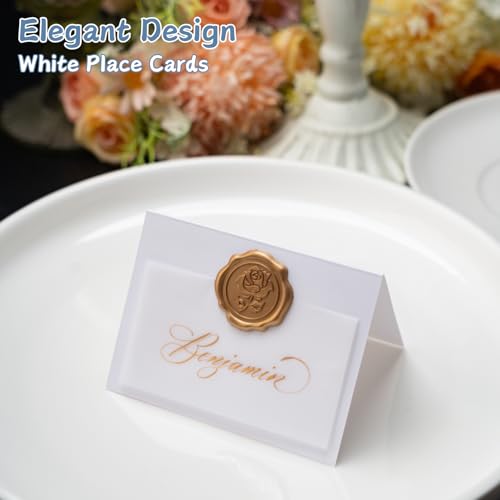 Parvigo 25 Pack Name Cards for Table Setting, Place Cards with Antique Gold Rose Wax Seal Sticker for Wedding, Table Tent Card Stock Handmade Decor for Party, Dinner, Home (Pearlized White) - Image 3