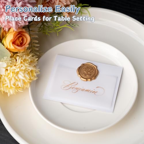 Parvigo 25 Pack Name Cards for Table Setting, Place Cards with Antique Gold Rose Wax Seal Sticker for Wedding, Table Tent Card Stock Handmade Decor for Party, Dinner, Home (Pearlized White) - Image 4