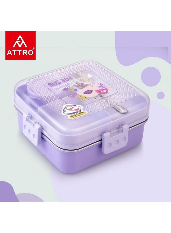 ATTRO Meal Box 2 Layer Stainless Steel Lunch Box Comes with 1 Detachable Tray, 1 Small Container & 1 Spoon Ideal for Kids BPA Free 1120ml+70ml- Lavender - Image 4