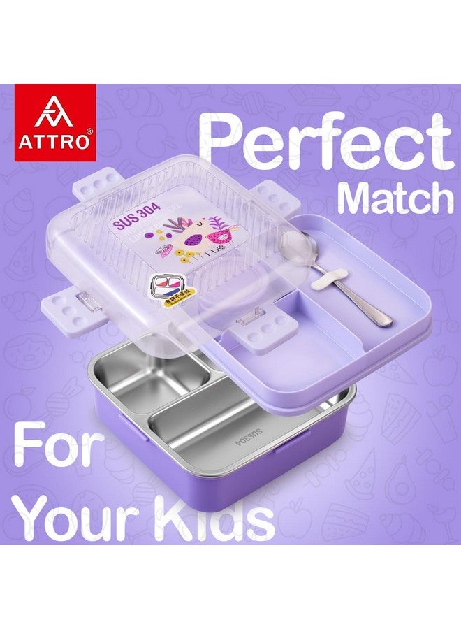 ATTRO Meal Box 2 Layer Stainless Steel Lunch Box Comes with 1 Detachable Tray, 1 Small Container & 1 Spoon Ideal for Kids BPA Free 1120ml+70ml- Lavender - Image 2