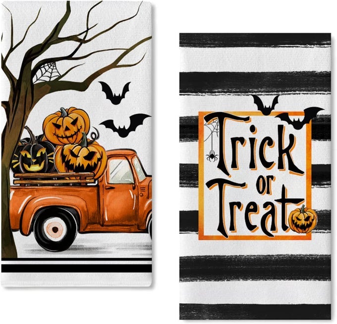 HALLOWEEN TRICK OR TREAT KITCHEN DISH TOWELS SET OF 2 JACK O LANTERN PUMPKIN TRUCK HAND TOWELS STRIPES DRYING BAKING COOKING CLOTH SPOOKY BAT HOLIDAY FUNNY HOME KITCHEN DECOR 18X26 INCH