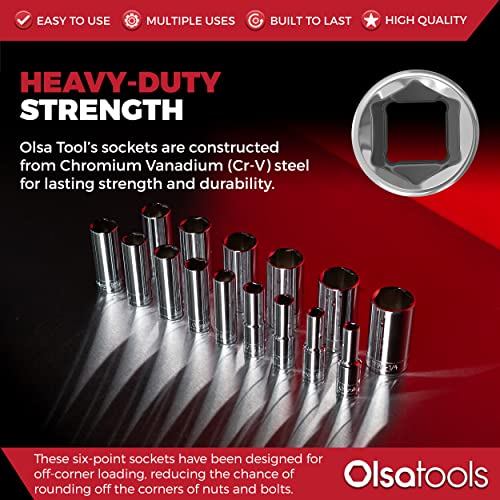 Olsa Tools SAE Deep Socket Set - 1/2-Inch Drive, 18pc - 6-Point Chrome Sockets from 3/8" to 1-1/4" and No Skipped Sizes - Mechanic Deep SAE Socket Set - Professional Grade Long Sockets - Part: 1319 - Image 4