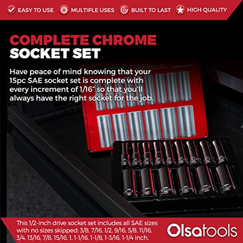 Olsa Tools SAE Deep Socket Set - 1/2-Inch Drive, 18pc - 6-Point Chrome Sockets from 3/8" to 1-1/4" and No Skipped Sizes - Mechanic Deep SAE Socket Set - Professional Grade Long Sockets - Part: 1319 - Image 2