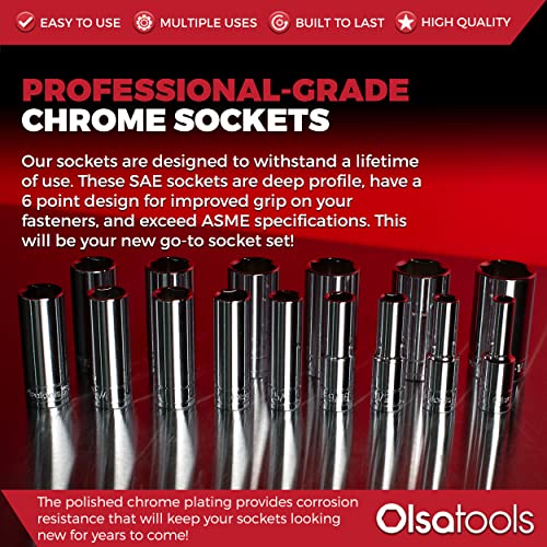 Olsa Tools SAE Deep Socket Set - 1/2-Inch Drive, 18pc - 6-Point Chrome Sockets from 3/8" to 1-1/4" and No Skipped Sizes - Mechanic Deep SAE Socket Set - Professional Grade Long Sockets - Part: 1319 - Image 5