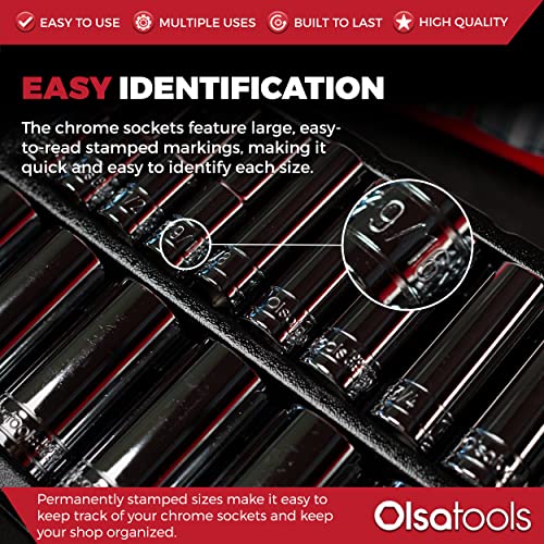 Olsa Tools SAE Deep Socket Set - 1/2-Inch Drive, 18pc - 6-Point Chrome Sockets from 3/8" to 1-1/4" and No Skipped Sizes - Mechanic Deep SAE Socket Set - Professional Grade Long Sockets - Part: 1319 - Image 3