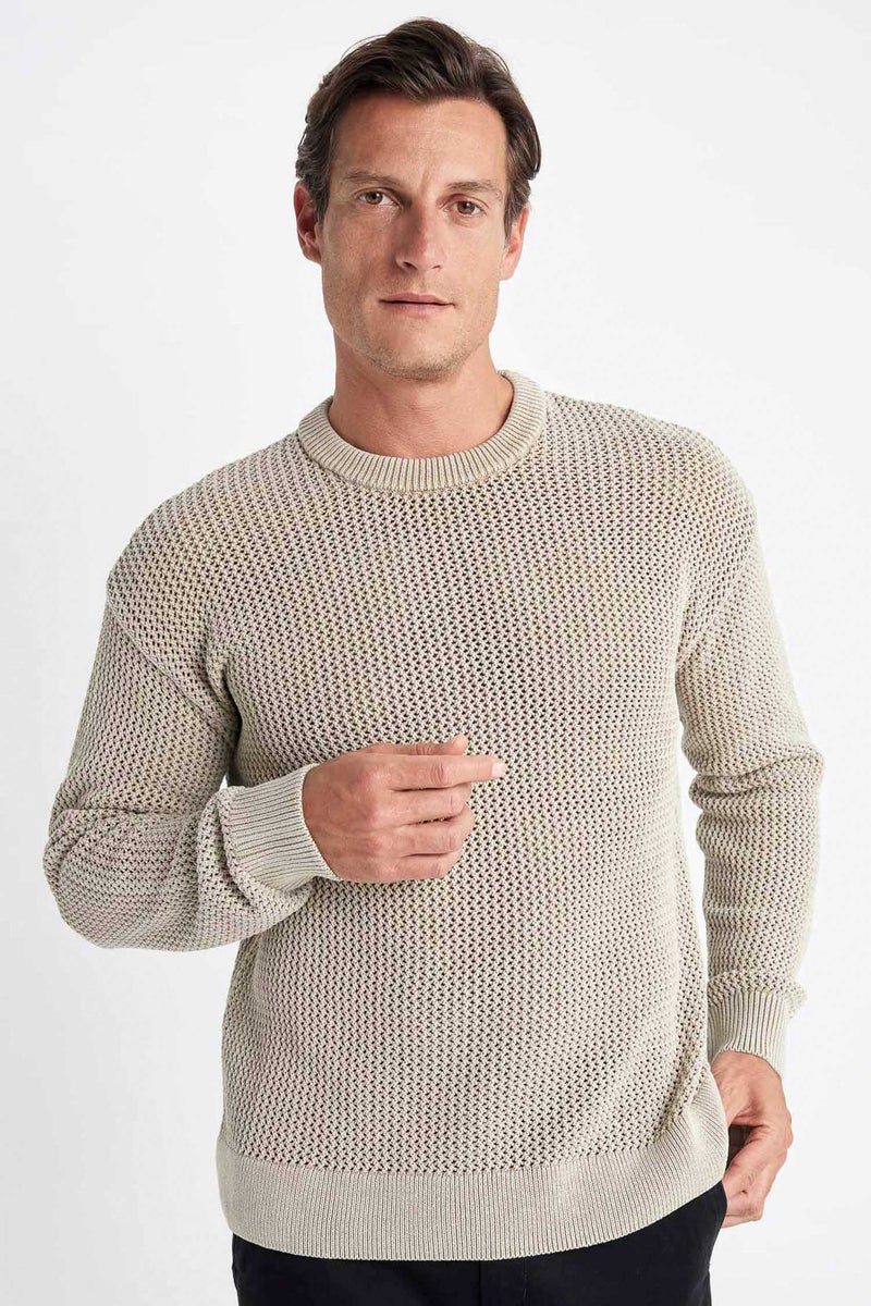 DeFacto Beige Man Relax Fit Crew Neck Textured Knitted Pullover Casual - Image 1