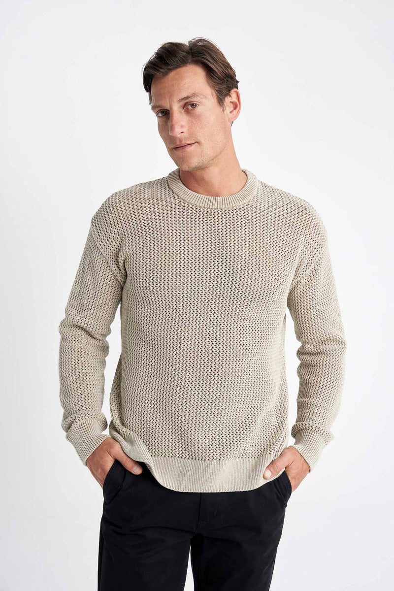 DeFacto Beige Man Relax Fit Crew Neck Textured Knitted Pullover Casual - Image 3