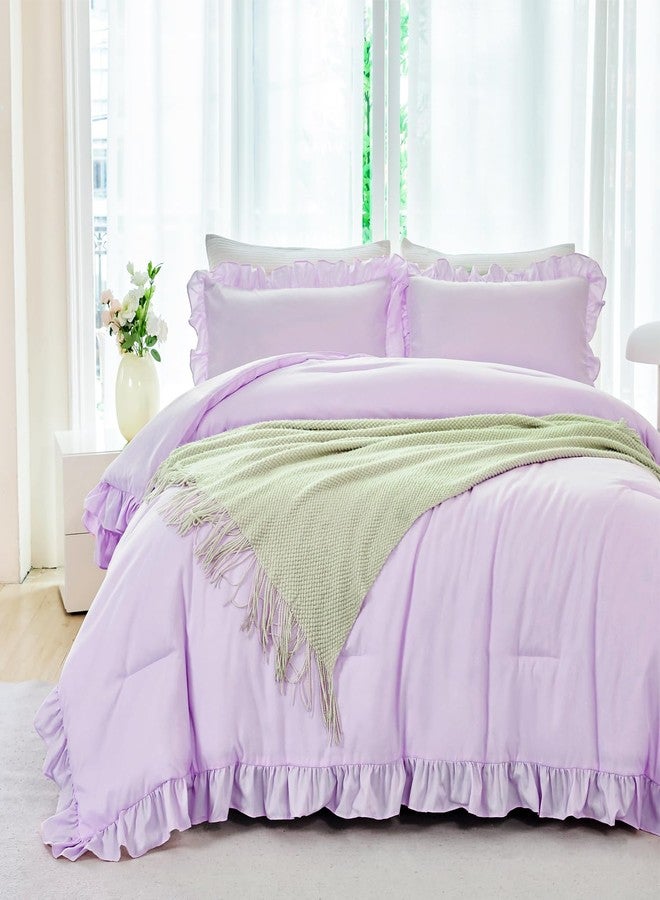 ANGIYUIN 5 Pieces Purple Comforter Set Queen Size Ruffled Bedding Sets for Girls Women Boho Farmhouse Bed Sets Solid Color Soft Bed in A Bag with Sheets(Purple Queen) - Image 2