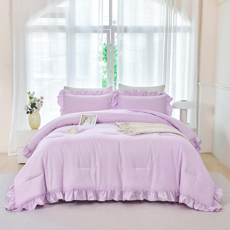 ANGIYUIN 5 Pieces Purple Comforter Set Queen Size Ruffled Bedding Sets for Girls Women Boho Farmhouse Bed Sets Solid Color Soft Bed in A Bag with Sheets(Purple Queen) - Image 1