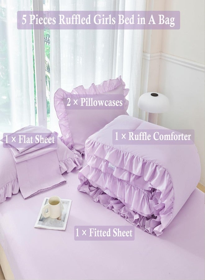 ANGIYUIN 5 Pieces Purple Comforter Set Queen Size Ruffled Bedding Sets for Girls Women Boho Farmhouse Bed Sets Solid Color Soft Bed in A Bag with Sheets(Purple Queen) - Image 4