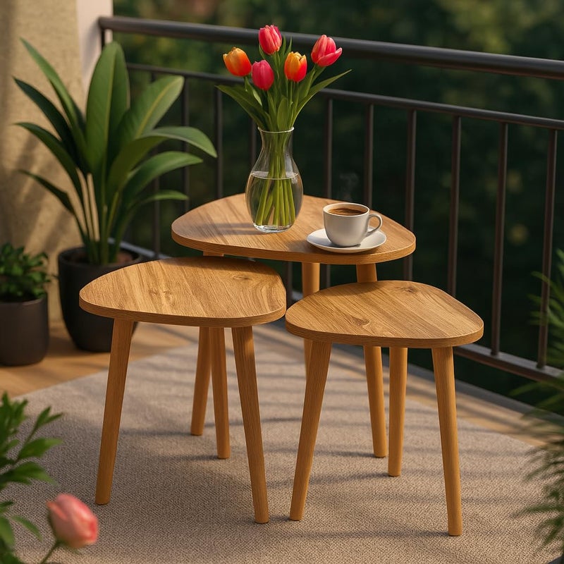 FENDI HOME FendiHome Modern 3-Piece Wooden Nesting Coffee Table Set – Triangle Shape, Natural Finish – Compact Side Tables for Living Room, Bedroom & Office Decor - Image 3