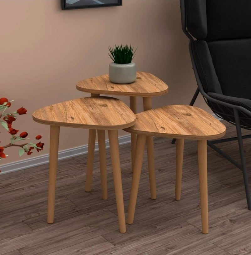 FENDI HOME FendiHome Modern 3-Piece Wooden Nesting Coffee Table Set – Triangle Shape, Natural Finish – Compact Side Tables for Living Room, Bedroom & Office Decor - Image 1