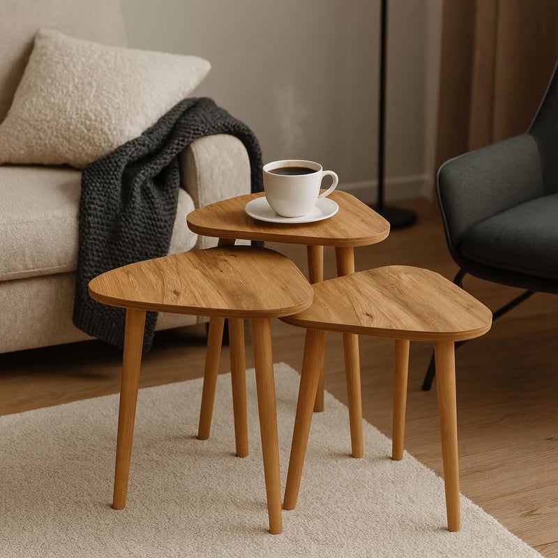 FENDI HOME FendiHome Modern 3-Piece Wooden Nesting Coffee Table Set – Triangle Shape, Natural Finish – Compact Side Tables for Living Room, Bedroom & Office Decor - Image 4