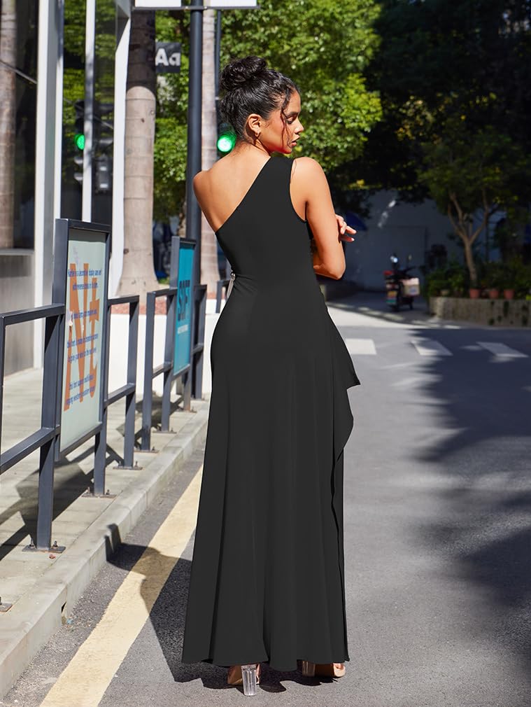 LAGSHIAN Women's Elegant Maxi Dress One Shoulder Sleeveless High Split Ruched Wedding Guest Long Dress Black - Image 4