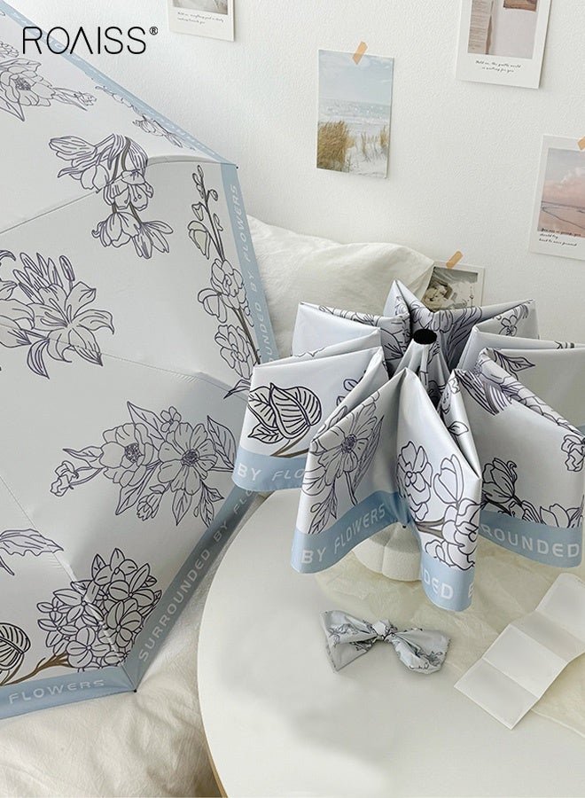 roaiss Women's Automatic Umbrella, Tri-fold All-Weather Sun Protection Parasol, Portable Folding Sunshade with UPF 50+ Black UV Protection, Blue Sketch Floral Design - Image 1