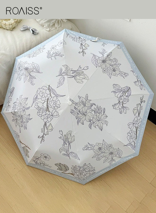roaiss Women's Automatic Umbrella, Tri-fold All-Weather Sun Protection Parasol, Portable Folding Sunshade with UPF 50+ Black UV Protection, Blue Sketch Floral Design - Image 3
