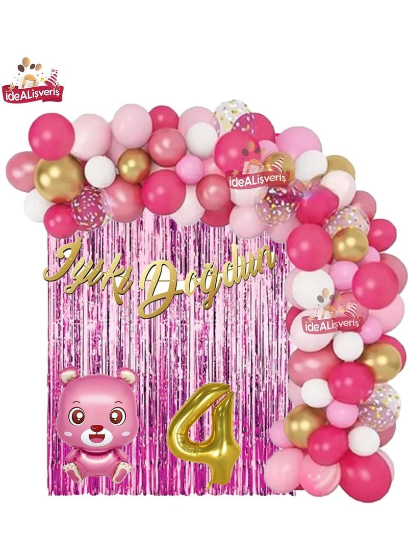 Store Pink Bear Gold 4 Year Old Foil Balloon Happy Birthday Written Pink Gold Birthday Party Set 