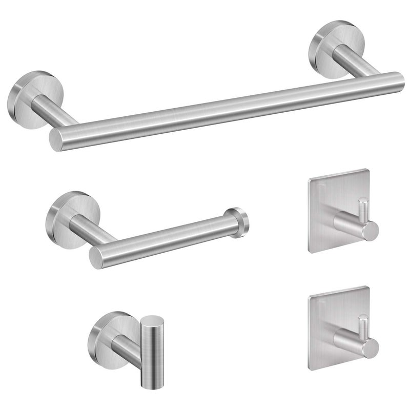 Tudoccy 5-Pieces Bathroom Hardware Set Brushed Nickel SUS304 Stainless Steel Round Wall Mounted - Includes 16" Hand Towel Bar, Toilet Paper Holder, 3 Robe Towel Hooks,Bathroom Accessories Kit - Image 1