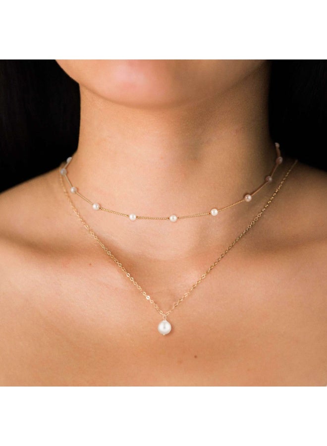 14K Gold Plated Pearl Necklace for Women, Layered Herringbone Chain and Dainty Pearl Pendant, Elegant Gold Jewelry for Daily Wear or Gifts - Image 2