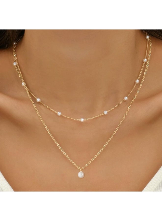 14K Gold Plated Pearl Necklace for Women, Layered Herringbone Chain and Dainty Pearl Pendant, Elegant Gold Jewelry for Daily Wear or Gifts - Image 1