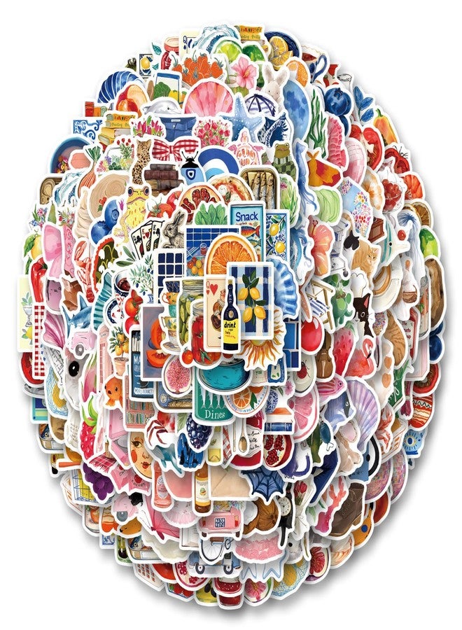 CPORER 300Pcs Mediterranean Diet Stickers Cartoon Summer Watercolor Stickers Pack Aesthetic Sticker Vinyl Waterproof Decal for Laptop, Water Bottle, Skateboard, Scrapbooking - Image 1