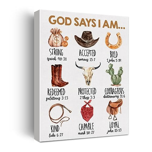 Hijie Inspirational God Says I Am Cowboy Western Poster Canvas Wall Art for Home Decor Christian Bible Verses Wild West Canvas Print Painting Ready to Hang Gifts Easel Hanging Hook 12x15 Inch - Image 1