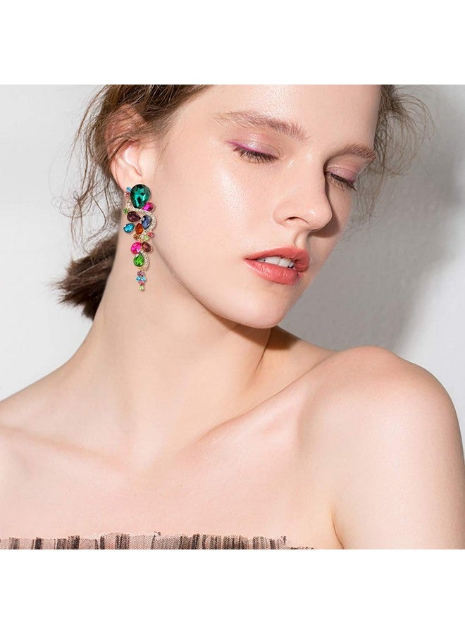 BriLove Women'S Wedding Bridal Dangle Earrings Bohemian Boho Crystal Multiple Teardrop Chandelier Long Earrings Gold-Tone Multicolor Colorful - Image 3