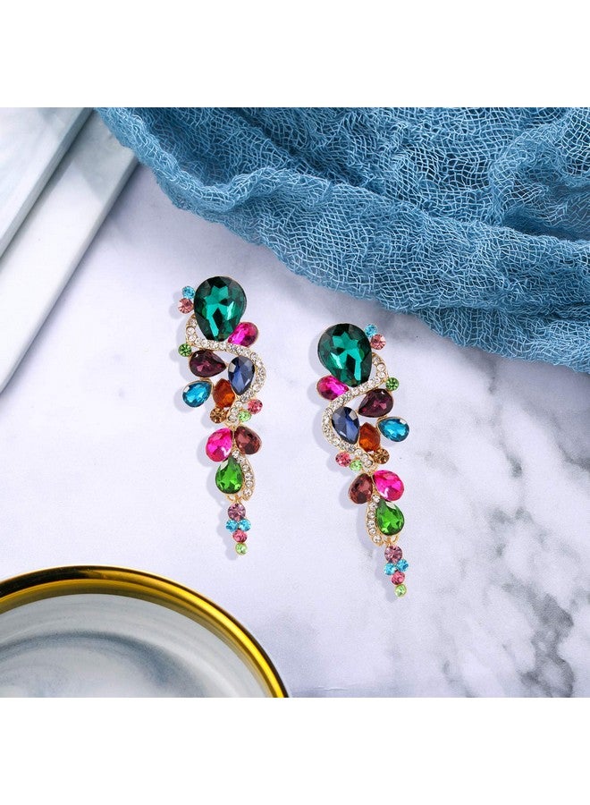 BriLove Women'S Wedding Bridal Dangle Earrings Bohemian Boho Crystal Multiple Teardrop Chandelier Long Earrings Gold-Tone Multicolor Colorful - Image 4