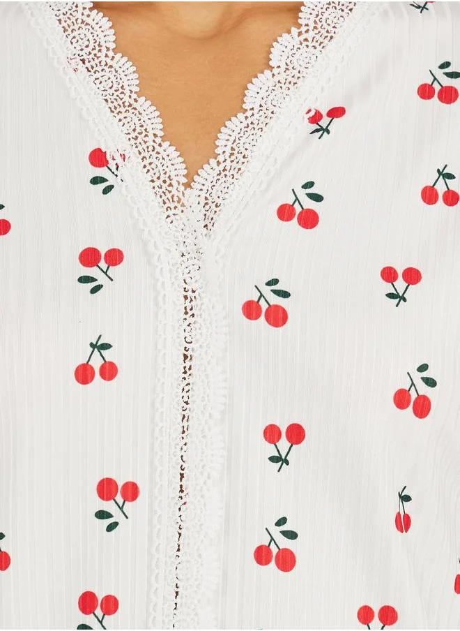 ستايلي Cherry Rib Lace Trim Shirt and Pyjama Set