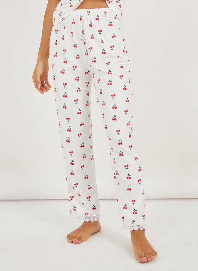 Styli Cherry Rib Lace Trim Shirt and Pyjama Set  - Image 4