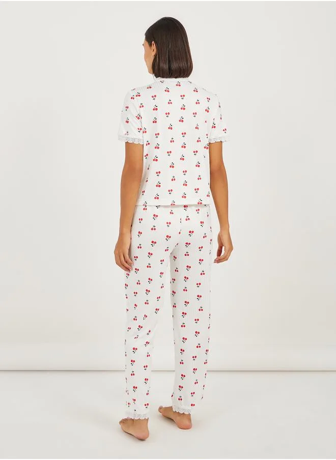 ستايلي Cherry Rib Lace Trim Shirt and Pyjama Set