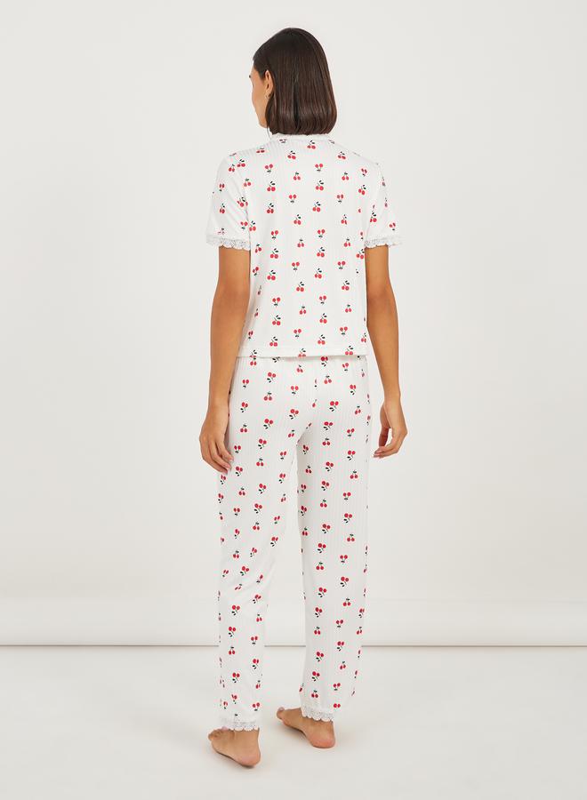 Styli Cherry Rib Lace Trim Shirt and Pyjama Set  - Image 5