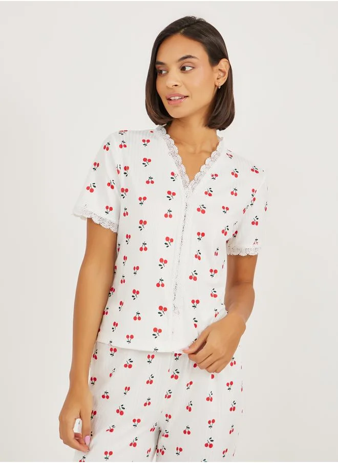 Styli Cherry Rib Lace Trim Shirt and Pyjama Set