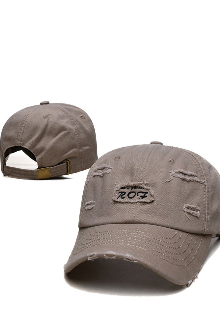 Beige Distressed Baseball Cap with ROF Embroidery