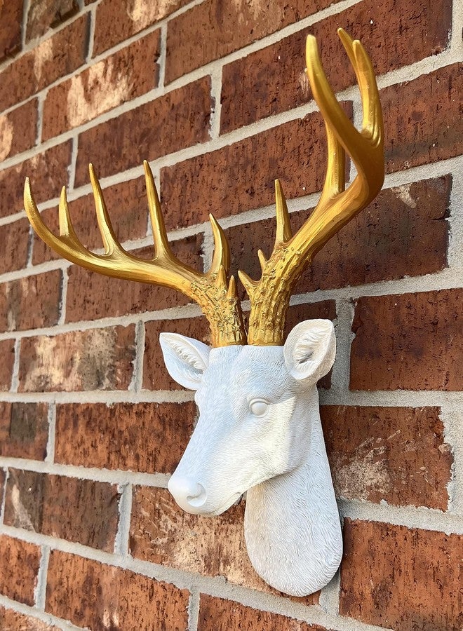 Top Brass 12 1/2" Faux White Deer Head/Golden Antlers Wall Decor - Modern Minimalism Taxidermy Art Sculpture - Ceryneian Hind - Image 4