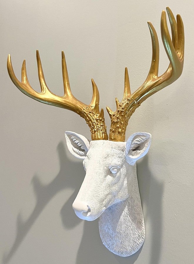 Top Brass 12 1/2" Faux White Deer Head/Golden Antlers Wall Decor - Modern Minimalism Taxidermy Art Sculpture - Ceryneian Hind - Image 5