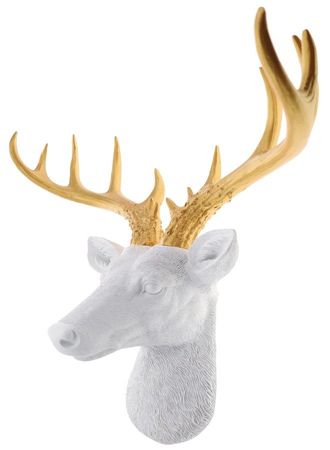 Top Brass 12 1/2" Faux White Deer Head/Golden Antlers Wall Decor - Modern Minimalism Taxidermy Art Sculpture - Ceryneian Hind - Image 2