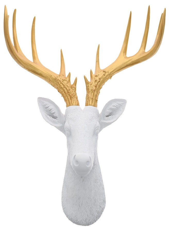 Top Brass 12 1/2" Faux White Deer Head/Golden Antlers Wall Decor - Modern Minimalism Taxidermy Art Sculpture - Ceryneian Hind - Image 1