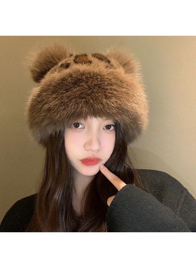 شي إن ايس كاب فرو لطيفة بأذني دب - بنقشة جلد النمر - Image 1