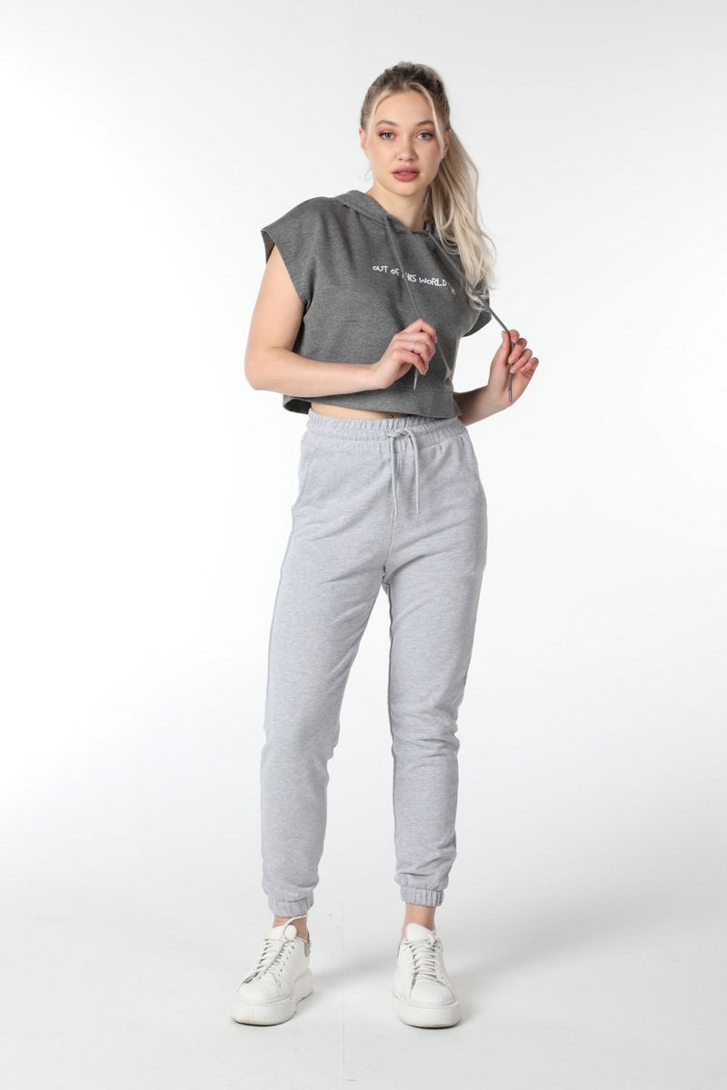 Defy's Women's Printed Hooded Crop Sweat Dark Grey  - Image 3