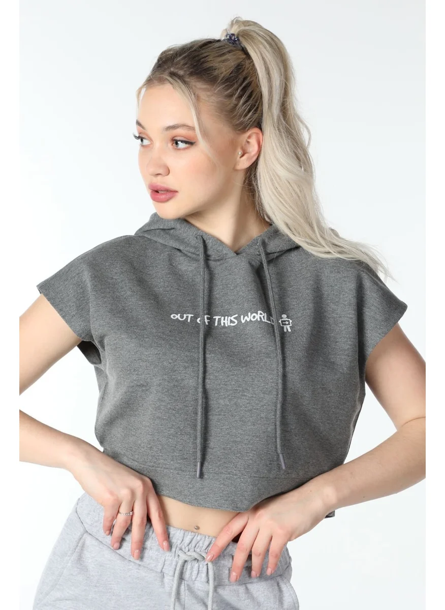 Defy'S Women's Printed Hooded Crop Sweat Dark Grey