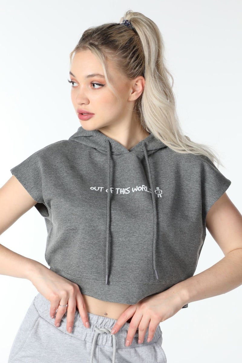 Defy's Women's Printed Hooded Crop Sweat Dark Grey  - Image 1