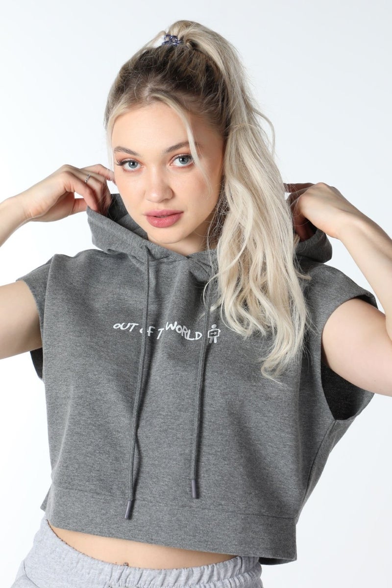 Defy's Women's Printed Hooded Crop Sweat Dark Grey  - Image 2