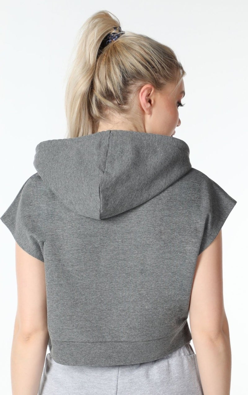 Defy's Women's Printed Hooded Crop Sweat Dark Grey  - Image 5